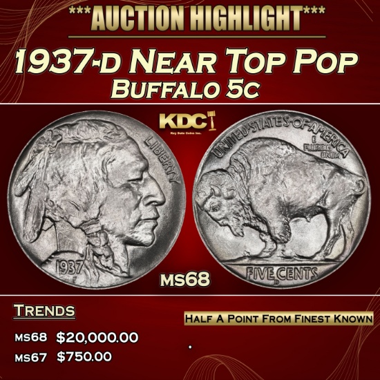 1937-d Buffalo Nickel Near Top Pop 5c ms68 SEGS