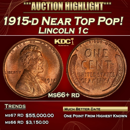 1915-d Lincoln Cent Near Top Pop! 1c ms66+ rd SEGS