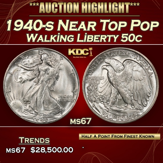 1940-s Walking Liberty Half Dollar Near Top Pop 50c ms67 SEGS