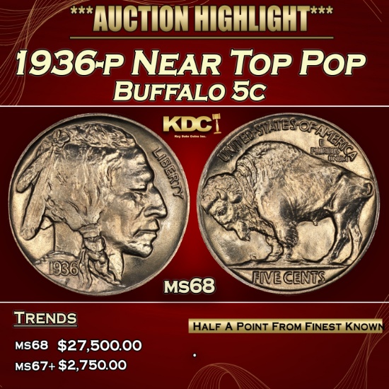 1936-p Buffalo Nickel Near Top Pop 5c ms68 SEGS