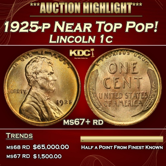 1925-p Lincoln Cent Near Top Pop! 1c ms67+ rd SEGS