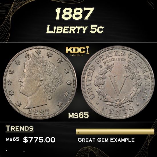 1887 Liberty Nickel 5c Grades ms65