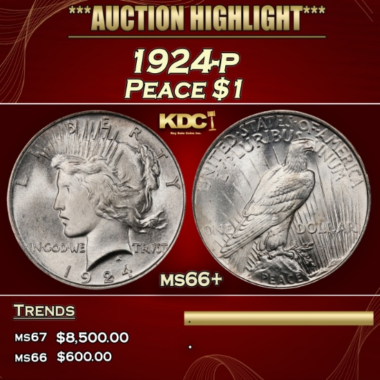 1924-p Peace Dollar $1 ms66+ SEGS