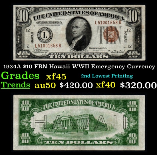 1934A $10 FRN Hawaii WWII Emergency Currency Grades xf+