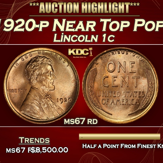 1920-p Lincoln Cent Near Top Pop! 1c ms67 rd SEGS