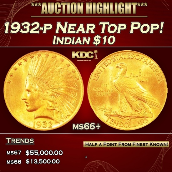 1932-p Gold Indian Eagle Near Top Pop! $10 ms66+ SEGS