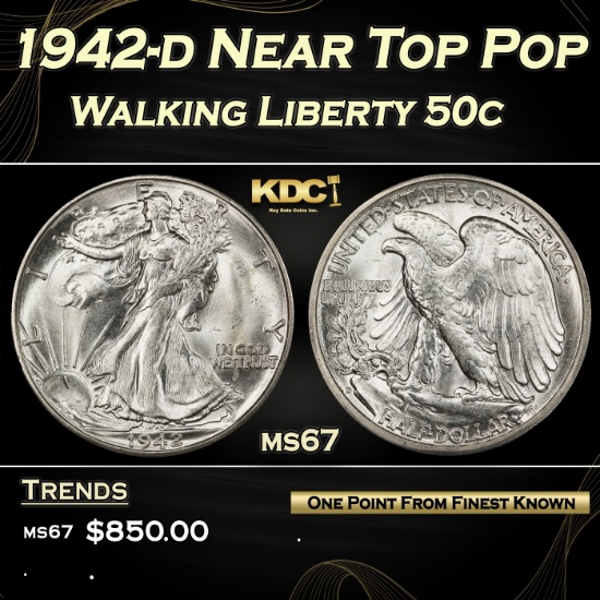 1942-d Walking Liberty Half Dollar Near Top Pop 50c ms67 SEGS