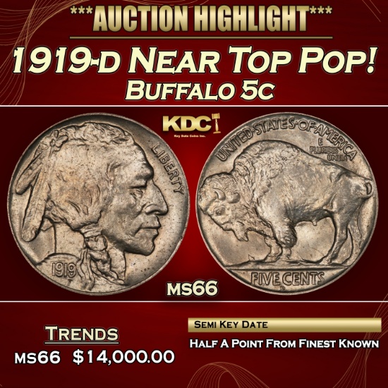 1919-d Buffalo Nickel Near Top Pop! 5c ms66 SEGS