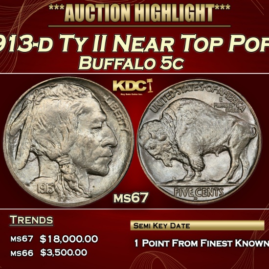 1913-d Ty II Buffalo Nickel Near Top Pop! 5c ms67 SEGS