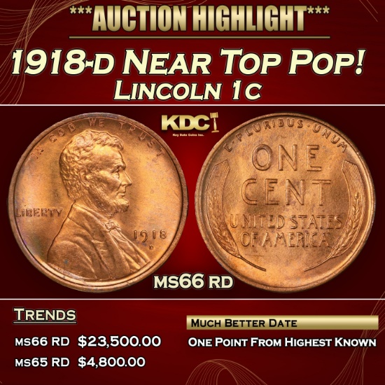1918-d Lincoln Cent Near Top Pop! 1c ms66 rd SEGS