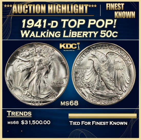 1941-d Walking Liberty Half Dollar TOP POP! 50c ms68 SEGS