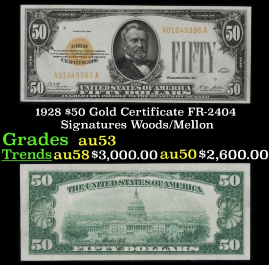 1928 $50 Gold Certificate FR-2404 Signatures Woods/Mellon Grades Select AU