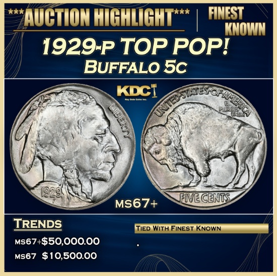 1929-p Buffalo Nickel TOP POP! 5c ms67+ SEGS