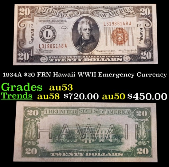 1934A $20 FRN Hawaii WWII Emergency Currency Grades Select AU