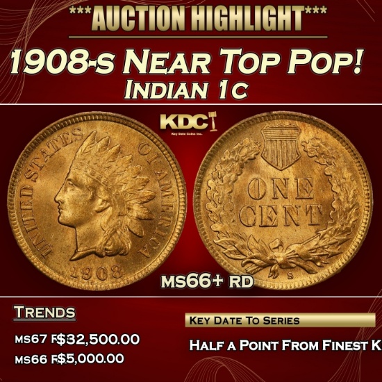 1908-s Indian Cent Near Top Pop! 1c ms66+ rd SEGS