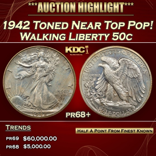 1942 Proof Walking Liberty Half Dollar Toned Near Top Pop! 50c pr68+ SEGS