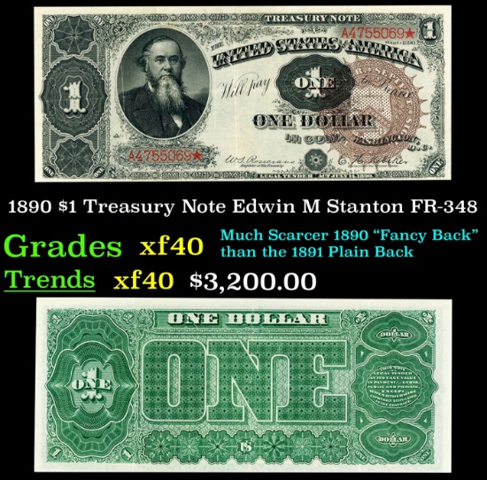 1890 $1 Treasury Note Edwin M Stanton Grades xf FR-348