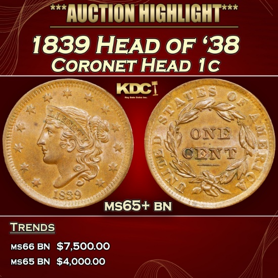 1839 Head of '38 Coronet Head Large Cent 1c ms65+ bn SEGS