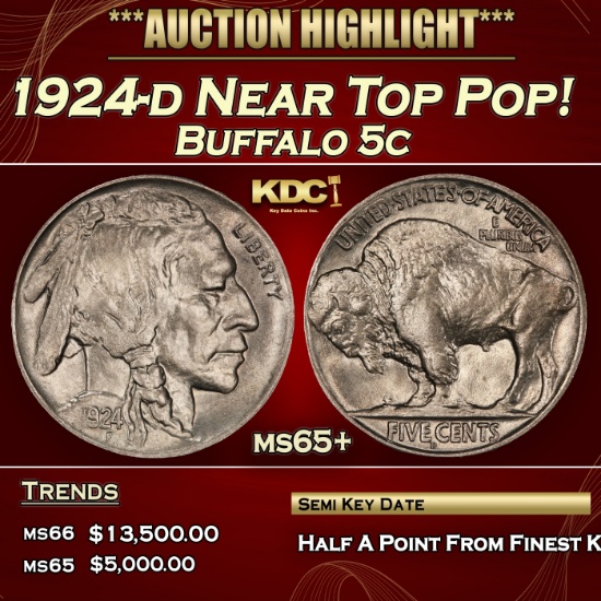1924-d Buffalo Nickel Near Top Pop! 5c ms65+ SEGS