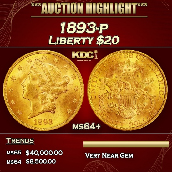 1893-p Gold Liberty Double Eagle $20 ms64+ SEGS