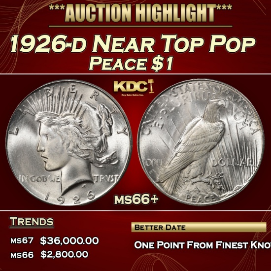 1926-d Peace Dollar Near Top Pop $1 ms66+ SEGS