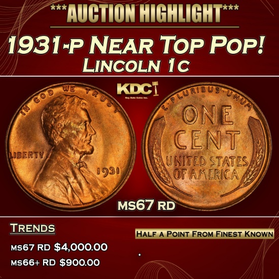 1931-p Lincoln Cent Near Top Pop! 1c ms67 rd SEGS