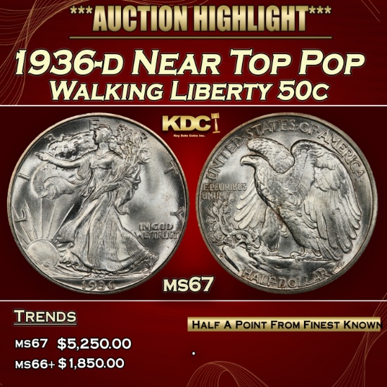 1936-d Walking Liberty Half Dollar Near Top Pop 50c ms67 SEGS