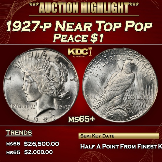 1927-p Peace Dollar Near Top Pop $1 ms65+ SEGS