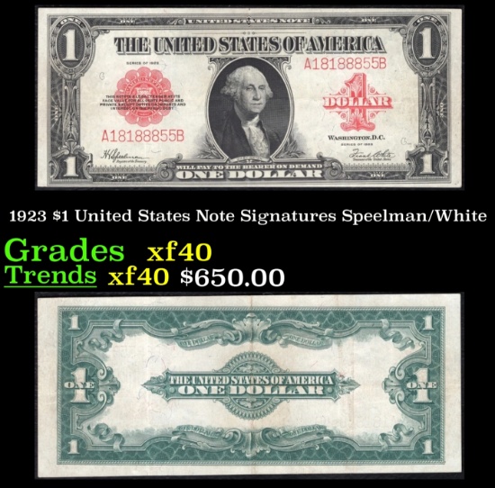 1923 $1 United States Note Grades xf Signatures Speelman/White
