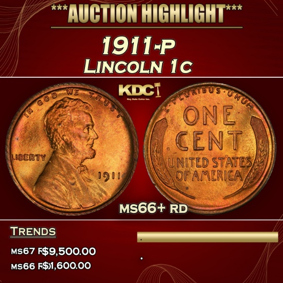 1911-p Lincoln Cent 1c ms66+ rd SEGS