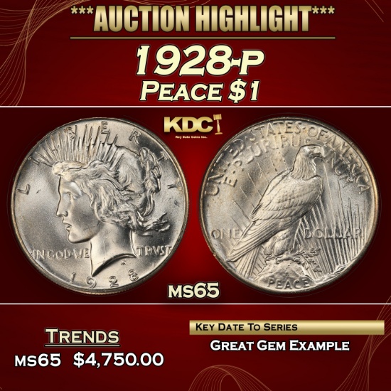 1928-p Peace Dollar $1 ms65 SEGS