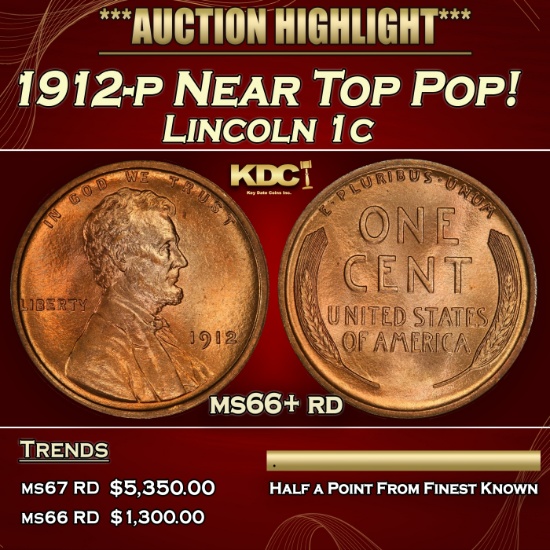 1912-p Lincoln Cent Near Top Pop! 1c ms66+ rd SEGS
