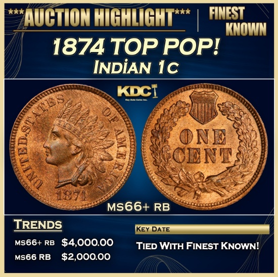 1874 Indian Cent TOP POP! 1c ms66+ rb SEGS
