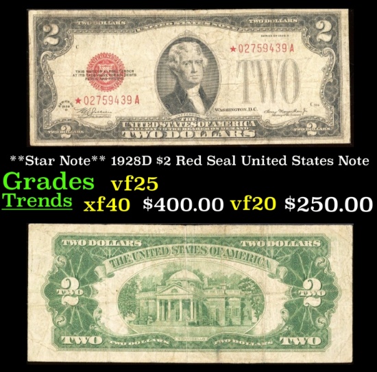 **Star Note** 1928D $2 Red Seal United States Note Grades vf+