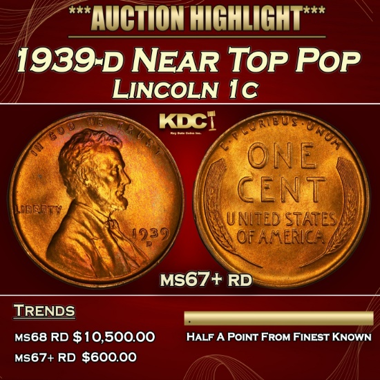 1939-d Lincoln Cent Near Top Pop 1c ms67+ rd SEGS