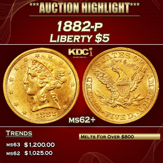 1882-p Gold Liberty Half Eagle $5 ms62+ USCG