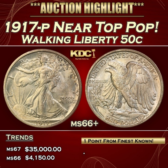 1917-p Walking Liberty Half Dollar Near Top Pop! 50c ms66+ SEGS