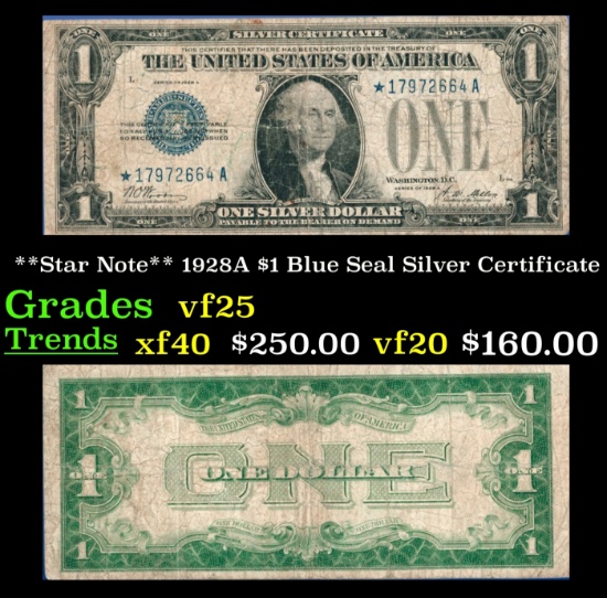 **Star Note** 1928A $1 Blue Seal Silver Certificate Grades vf+
