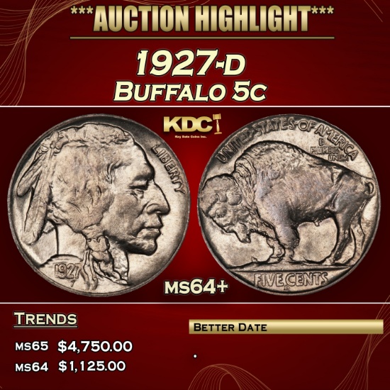 1927-d Buffalo Nickel 5c ms64+ SEGS