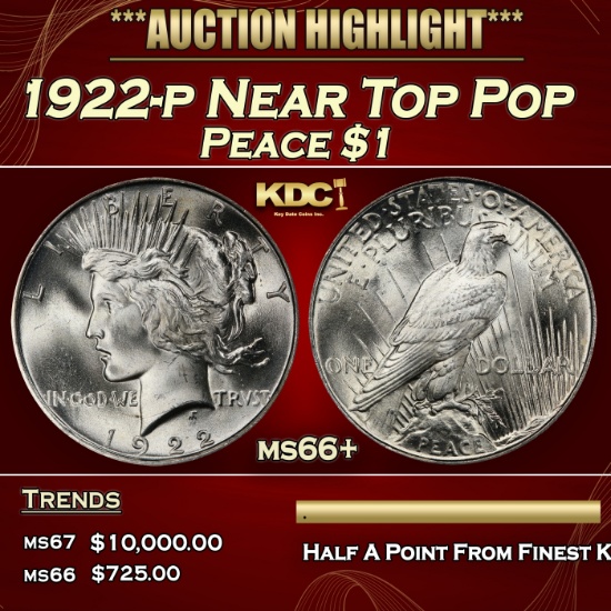 1922-p Peace Dollar Near Top Pop $1 ms66+ SEGS