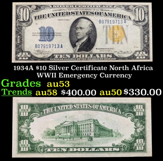 1934A $10 Silver Certificate North Africa WWII Emergency Currency Grades Select AU