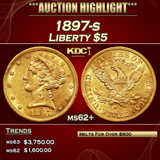 1897-s Gold Liberty Half Eagle $5 ms62+ USCG