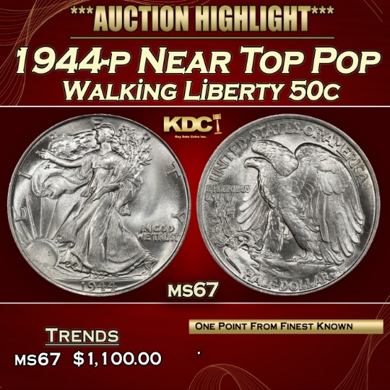 1944-p Walking Liberty Half Dollar Near Top Pop 50c ms67 SEGS