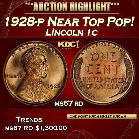 1928-p Lincoln Cent Near Top Pop! 1c ms67 rd SEGS