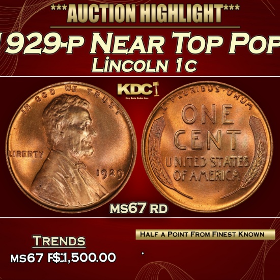 1929-p Lincoln Cent Near Top Pop! 1c ms67 rd SEGS