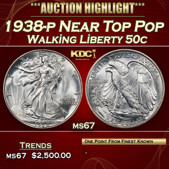 1938-p Walking Liberty Half Dollar Near Top Pop 50c ms67 SEGS