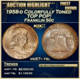 1958-d Franklin Half Dollar Colorfully Toned TOP POP! 50c ms67+ fbl SEGS