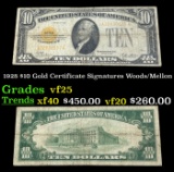1928 $10 Gold Certificate Signatures Woods/Mellon Grades vf+