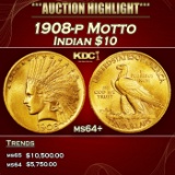 1908-p Motto Gold Indian Eagle $10 ms64+ SEGS