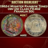 PCGS 1962-p Franklin Half Dollar Monster Rainbow Toned Obv Die Clash FS-402 50c ms62 PCGS